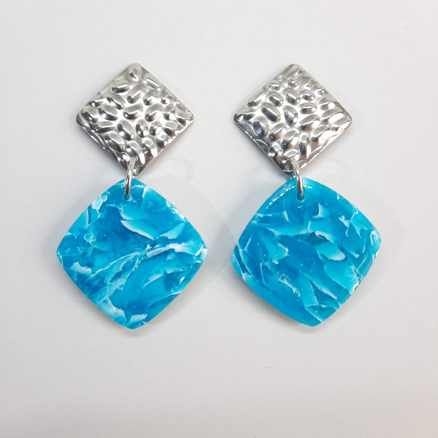 Pendientes Cuadrados Aguamarina con Base Plateada