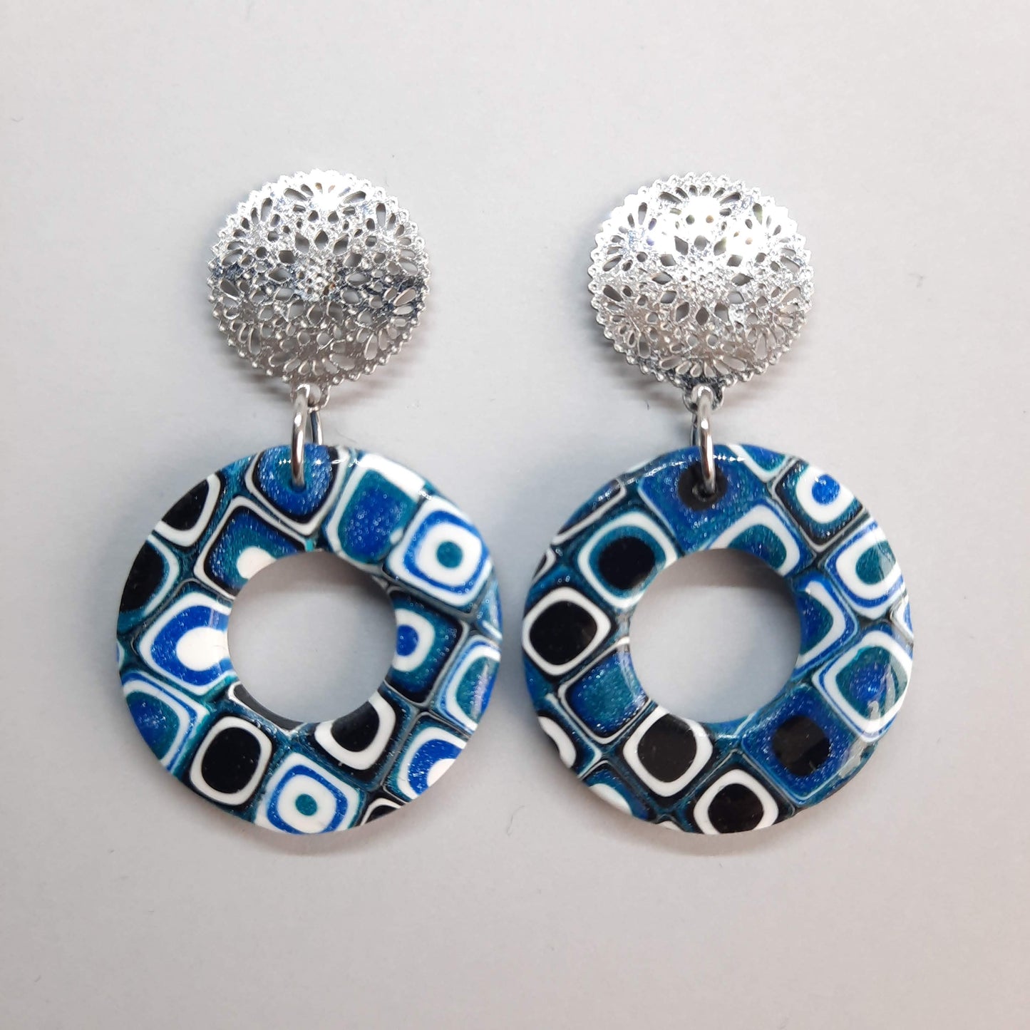 Pendientes Donut Pasión Azul con Base Plateada