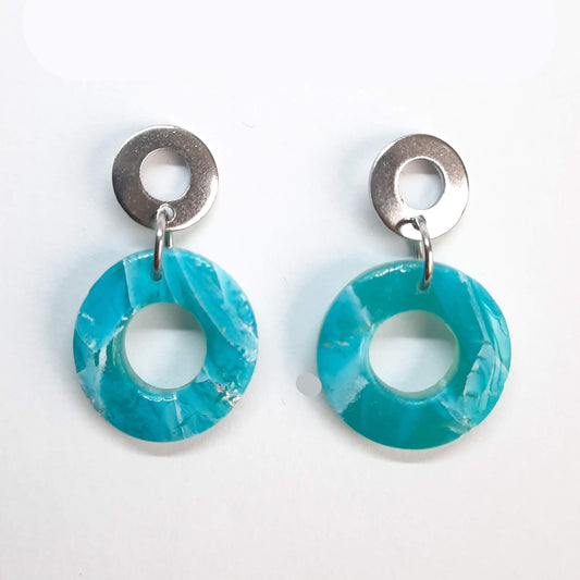 Pendientes Donut Pequeños Aguamarina Con Base Plateada