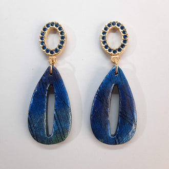 Pendientes España Labradorita Azul con Base Dorada Y Strass