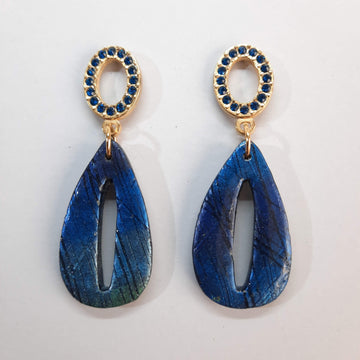 Pendientes España Labradorita Azul con Base Dorada Y Strass