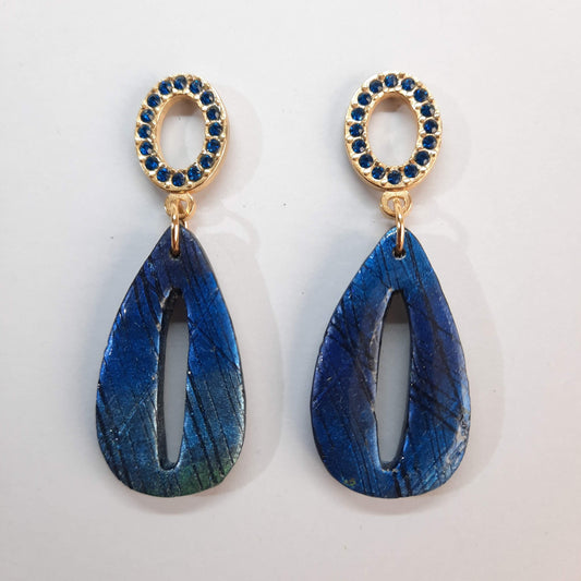 Pendientes España Labradorita Azul con Base Dorada Y Strass