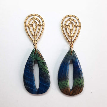 Pendientes España Labradorita Azul con Base Dorada