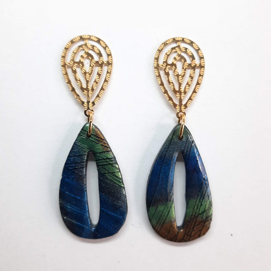 Pendientes España Labradorita Azul con Base Dorada