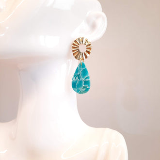 Pendientes Gota Aguamarina con Base Dorada