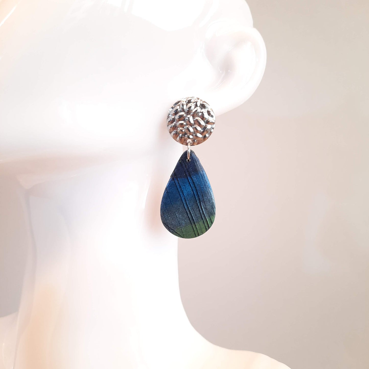 Pendientes Gota Grandes Labradorita Azul con Base Acero