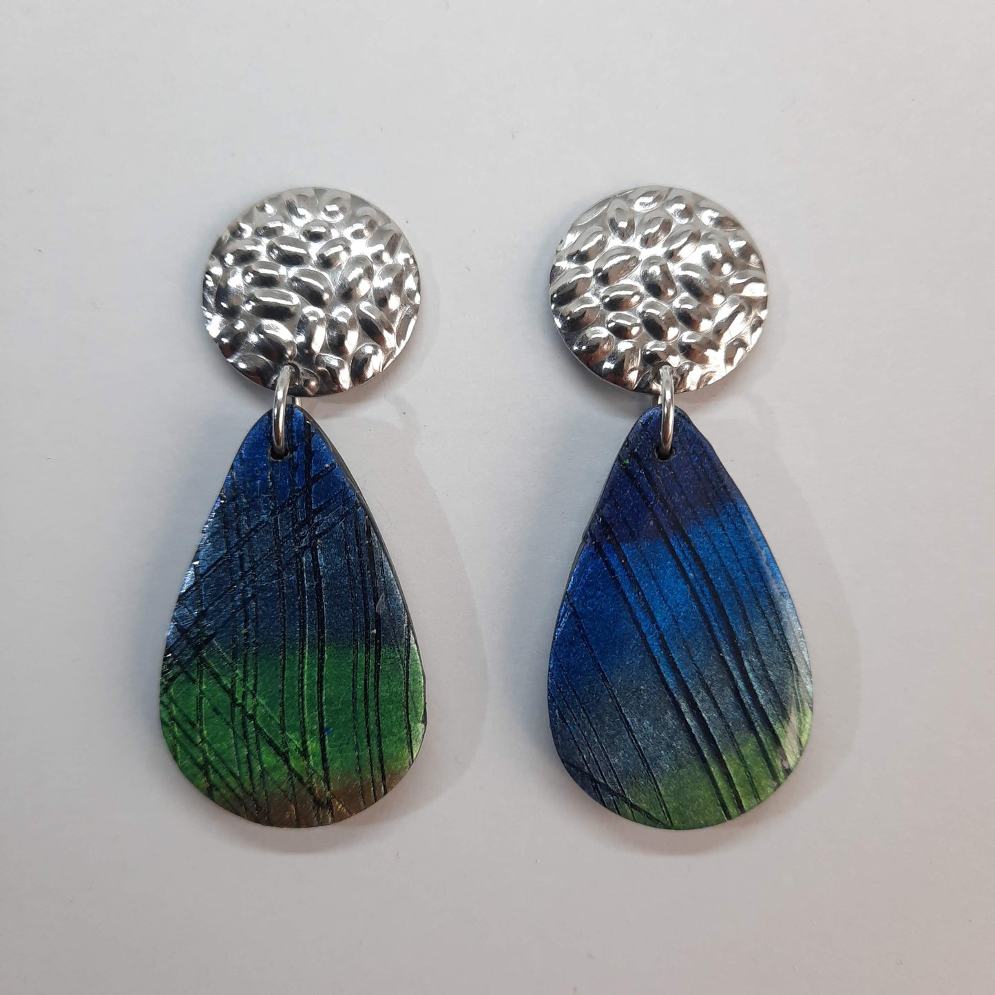 Pendientes Gota Grandes Labradorita Azul con Base Acero