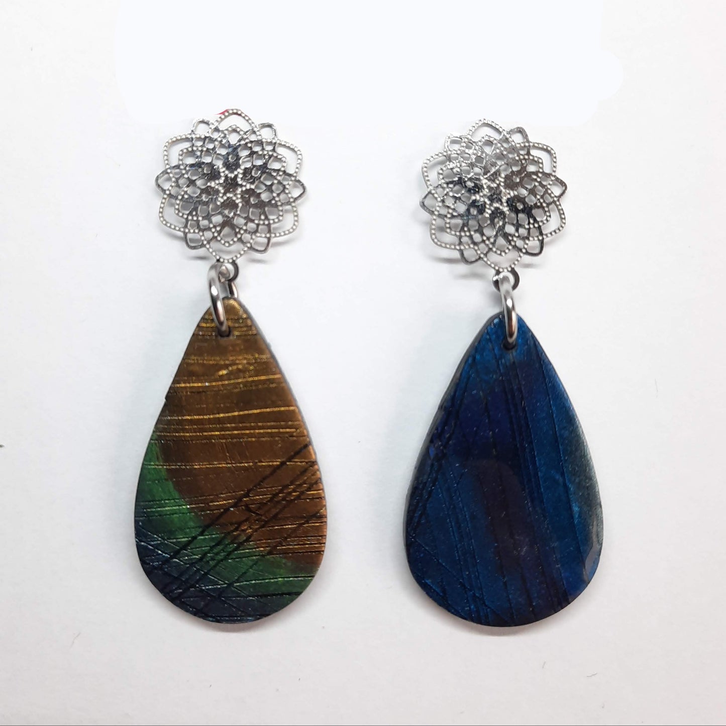 Pendientes Gota Grandes Labradorita Azul con Base Acero