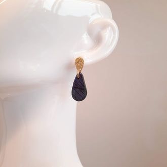 Pendientes Gota Pequeños Labradorita Violeta con Base Dorada