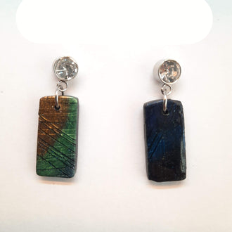 Pendientes Rectangular Labradorita Azul con Base Acero y Strass