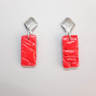 Pendientes Rectángulo Rosa Neón Con Base Plateada