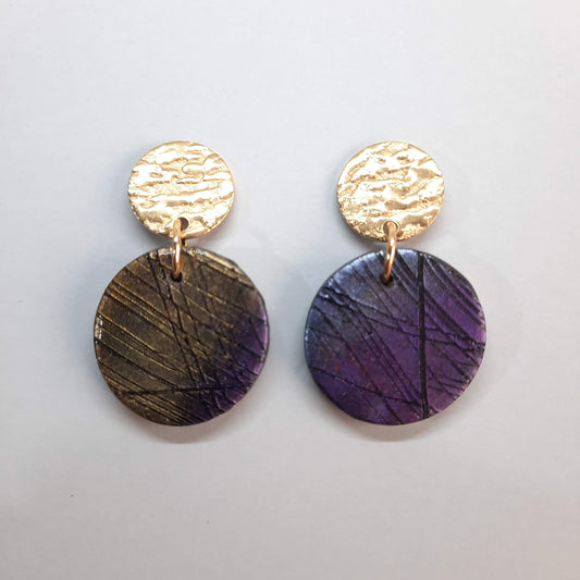 Pendientes Redondos Medianos Labradorita Violeta con Base Dorada
