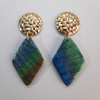 Pendientes Rombo Grandes Labradorita Azul con Base Dorada