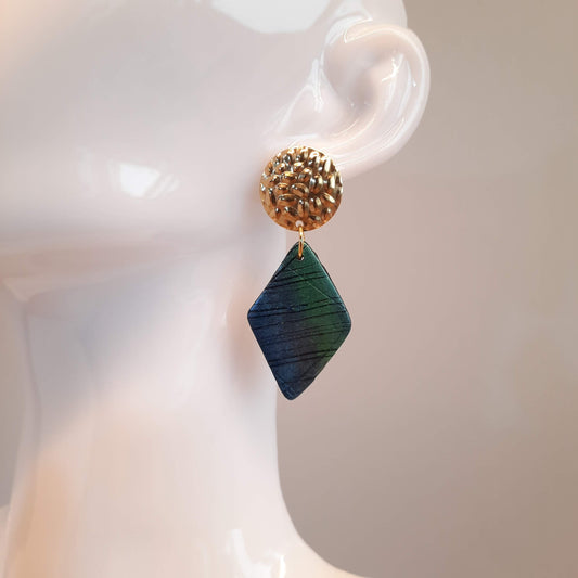 Pendientes Rombo Grandes Labradorita Azul con Base Dorada