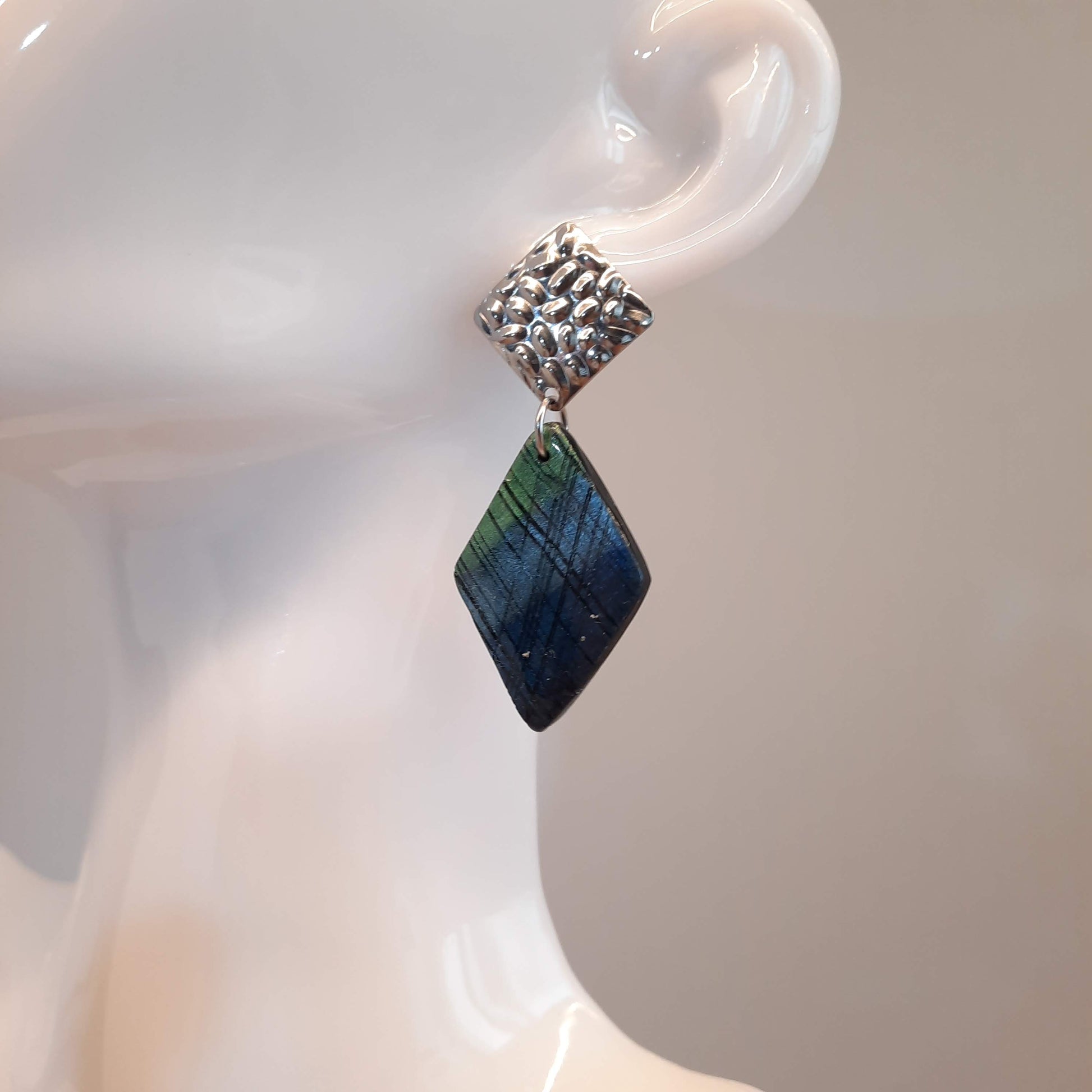 Pendientes Rombo Grandes Labradorita Azul con Base Plateada