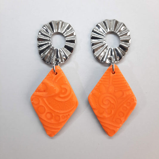 Pendientes Rombo Grandes Naranja con Base Plateada