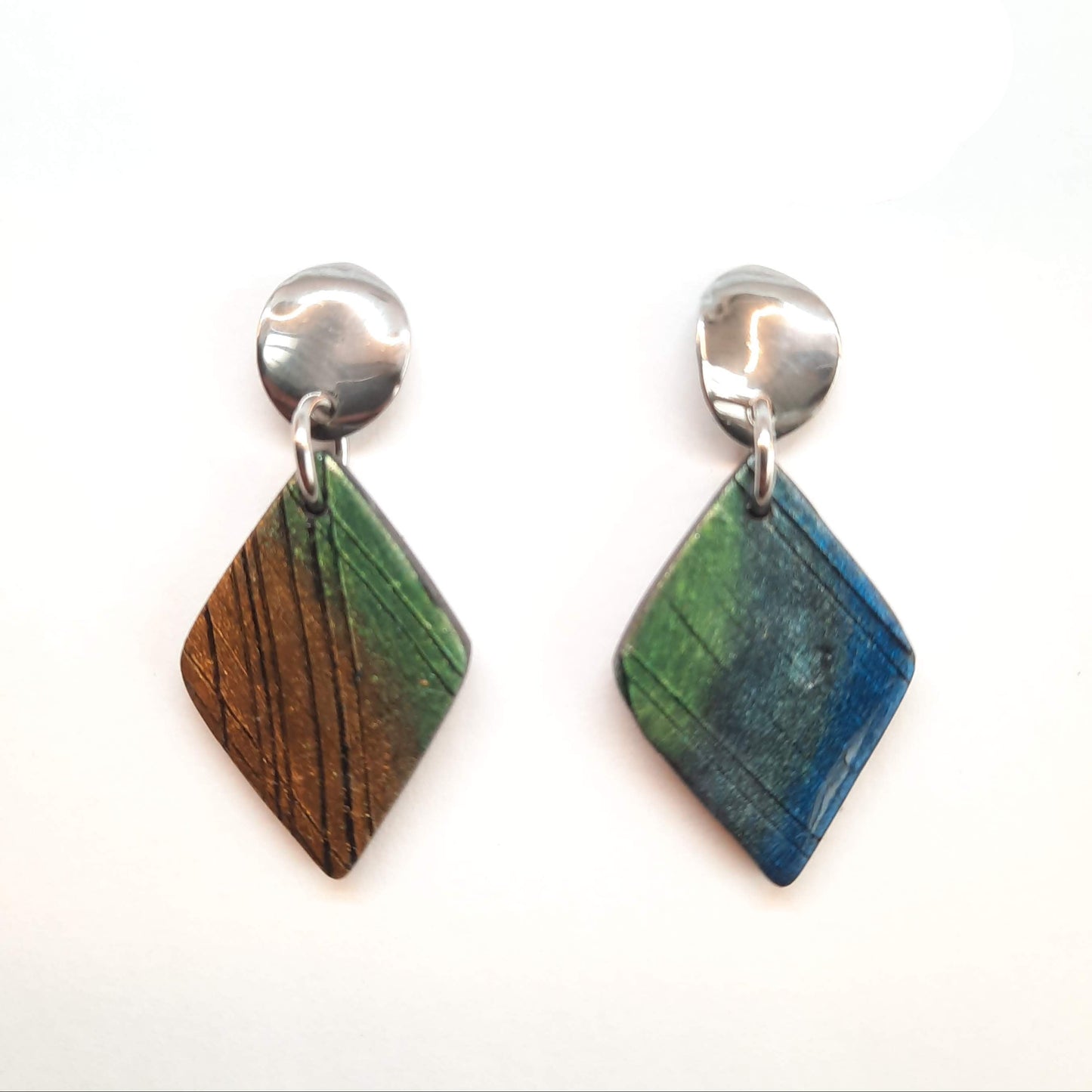 Pendientes Rombo Medianos Labradorita Azul con Base Plateada