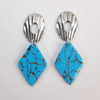 Pendientes Rombo Grandes Turquesa con Base Plateada