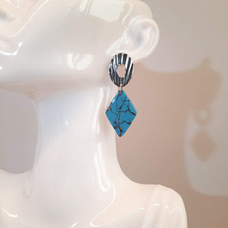 Pendientes Rombo Grandes Turquesa con Base Plateada